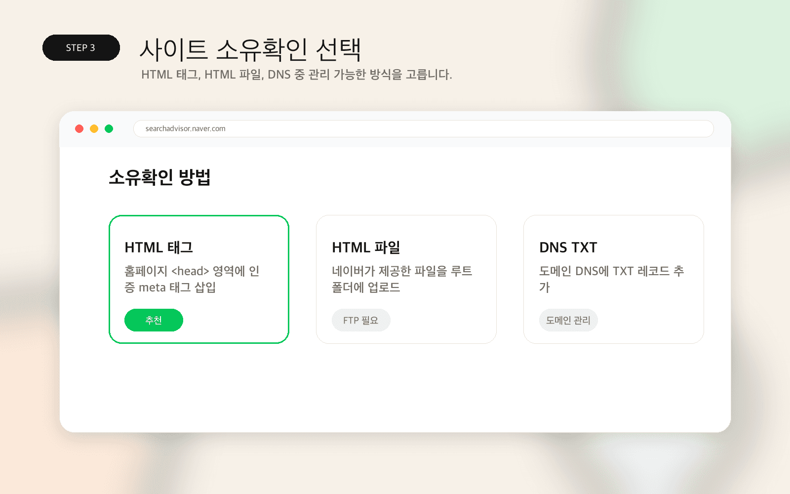 HTML 태그, HTML 파일, DNS TXT 소유확인 방식 비교