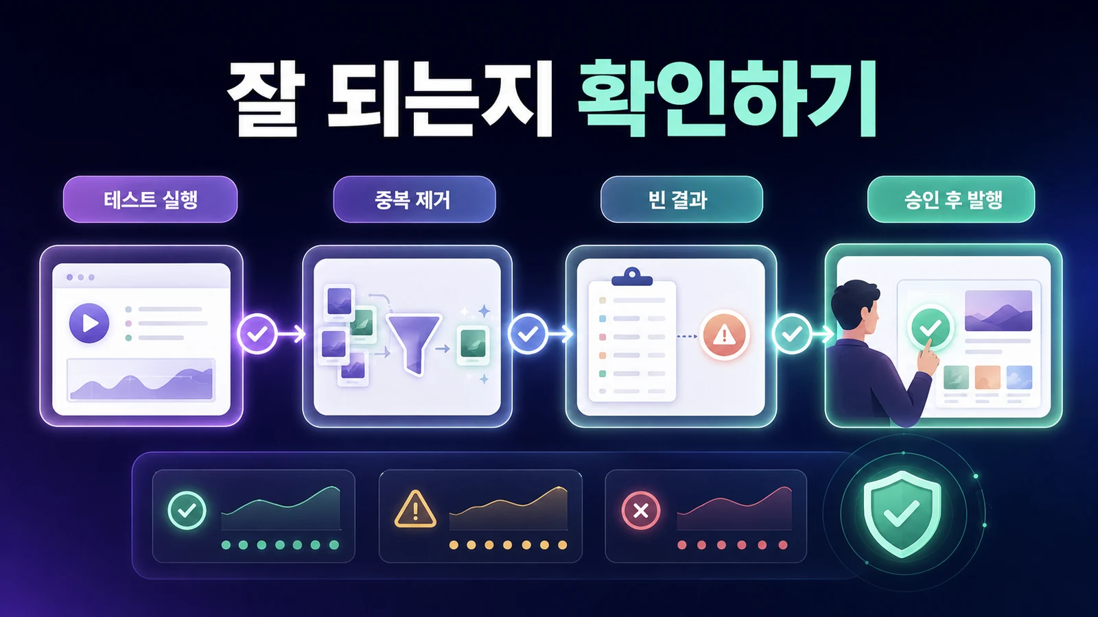 테스트 실행, 중복 제거, 빈 결과, 승인 후 발행까지 확인하는 검증 화면