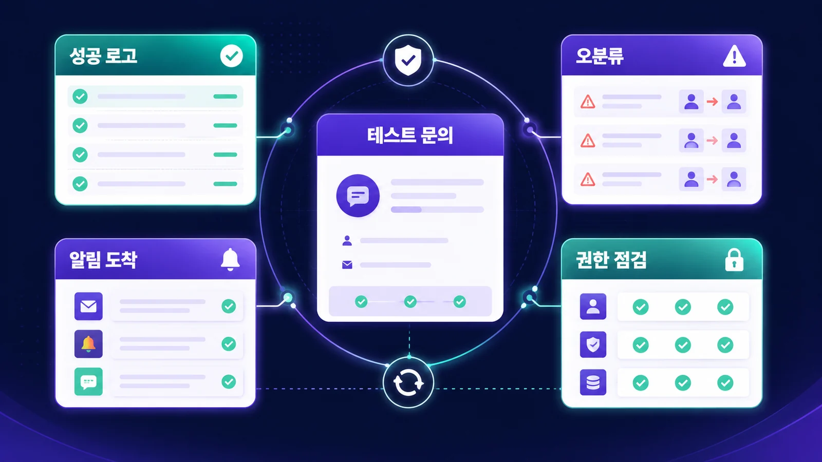테스트 문의, 성공 로그, 오분류, 알림 도착, 권한 점검을 확인하는 검증 지도
